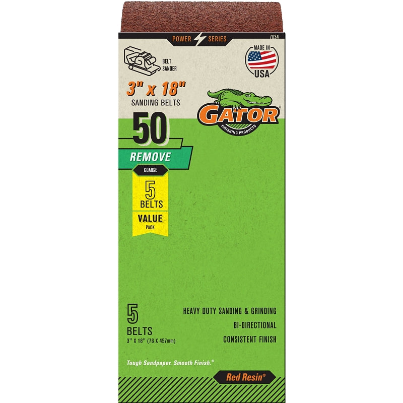 Gator 7034 Sanding Belt, 3 in W, 18 in L, 50 Grit, Coarse, Aluminum Oxide Abrasive