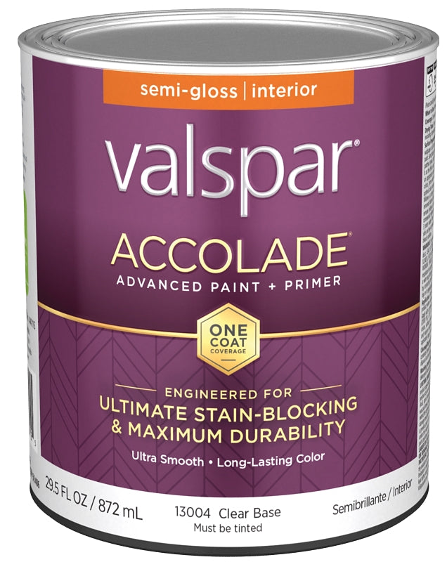 Valspar Accolade 1300 028.0013004.005 Latex Paint, Acrylic Base, Semi-Gloss, Clear Base, 1 qt, Plastic Can